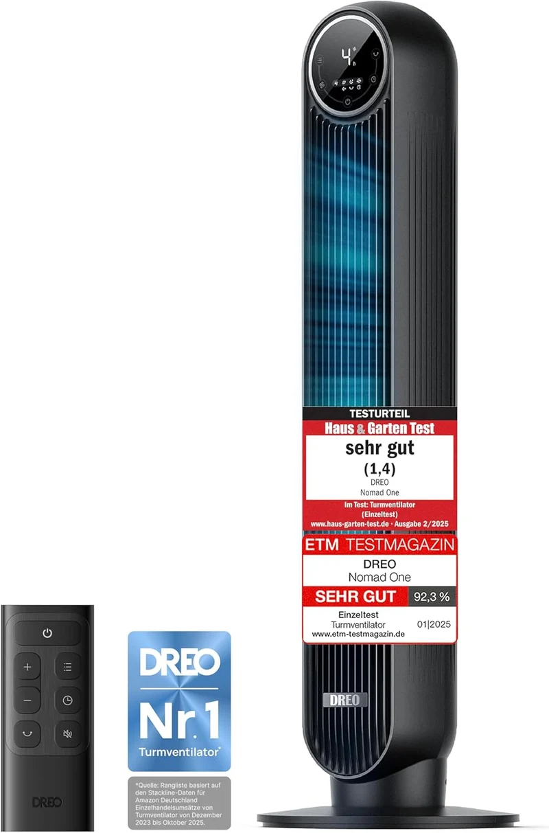 Leiser Turmventilator, 10 m Wurfweite 8 Geschwindigstufen 4 Modi 8 Std. Timer 90° oszillierende Ventilator mit Kühlung Fernbedienung für Schlafzimmer,Turmventilator 307, Schwarz
