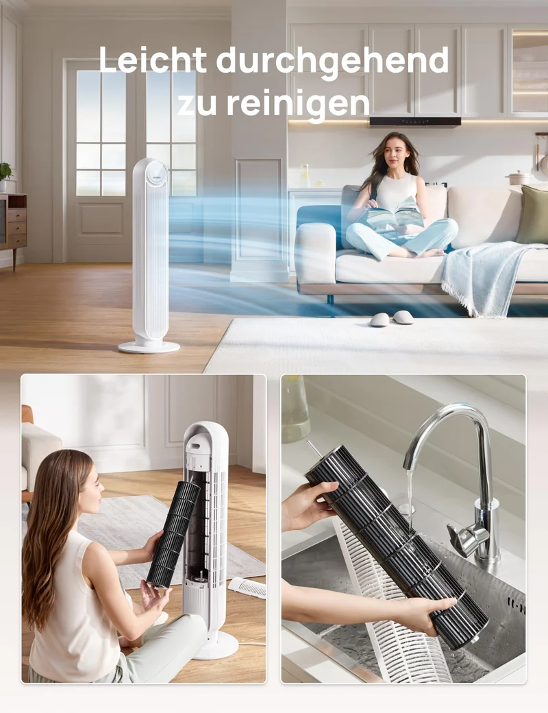 Leiser Turmventilator, 10 m Wurfweite 8 Geschwindigstufen 4 Modi 8 Std. Timer 90° oszillierende Ventilator mit Kühlung Fernbedienung für Schlafzimmer,Turmventilator 307, Schwarz