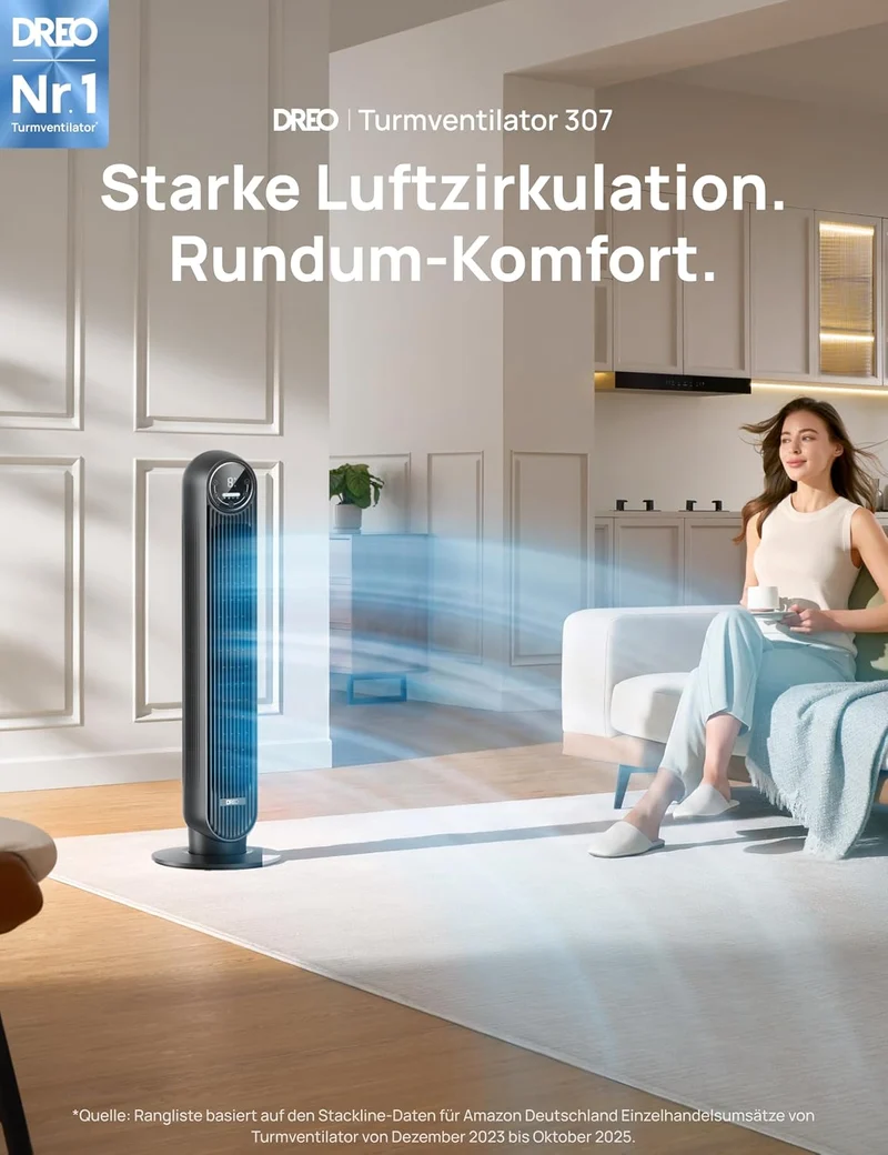 Leiser Turmventilator, 10 m Wurfweite 8 Geschwindigstufen 4 Modi 8 Std. Timer 90° oszillierende Ventilator mit Kühlung Fernbedienung für Schlafzimmer,Turmventilator 307, Schwarz