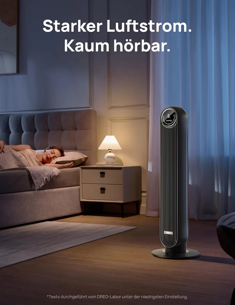 Leiser Turmventilator, 10 m Wurfweite 8 Geschwindigstufen 4 Modi 8 Std. Timer 90° oszillierende Ventilator mit Kühlung Fernbedienung für Schlafzimmer,Turmventilator 307, Schwarz