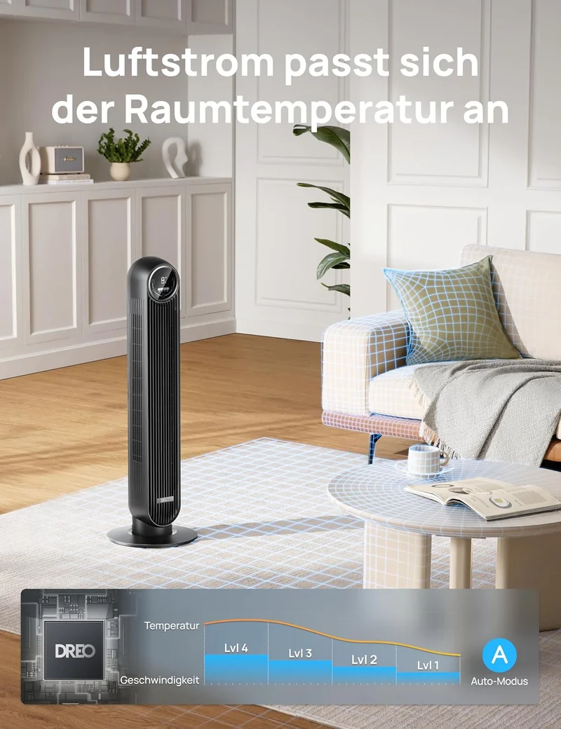 Leiser Turmventilator, 10 m Wurfweite 8 Geschwindigstufen 4 Modi 8 Std. Timer 90° oszillierende Ventilator mit Kühlung Fernbedienung für Schlafzimmer,Turmventilator 307, Schwarz