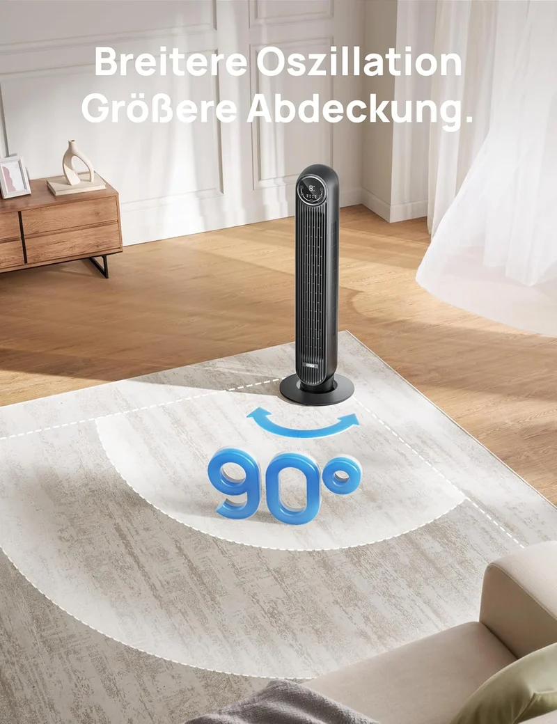 Leiser Turmventilator, 10 m Wurfweite 8 Geschwindigstufen 4 Modi 8 Std. Timer 90° oszillierende Ventilator mit Kühlung Fernbedienung für Schlafzimmer,Turmventilator 307, Schwarz