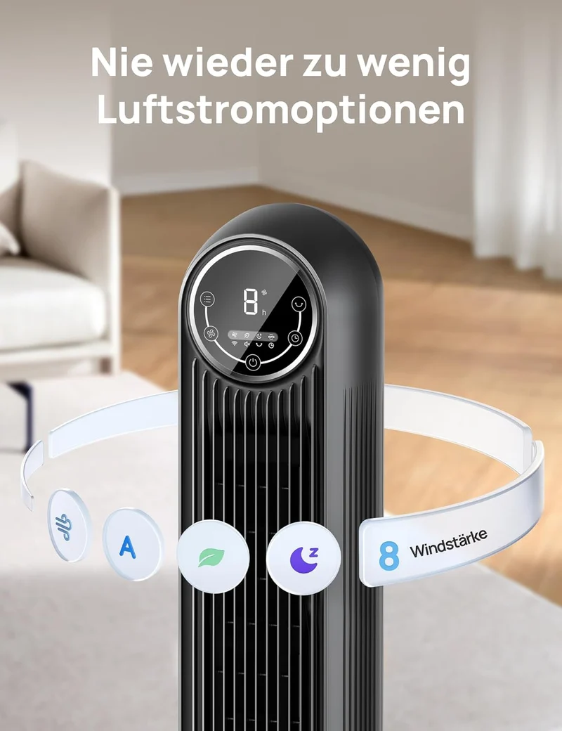 Leiser Turmventilator, 10 m Wurfweite 8 Geschwindigstufen 4 Modi 8 Std. Timer 90° oszillierende Ventilator mit Kühlung Fernbedienung für Schlafzimmer,Turmventilator 307, Schwarz