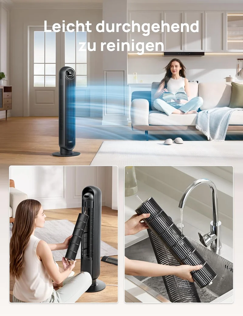 Leiser Turmventilator, 10 m Wurfweite 8 Geschwindigstufen 4 Modi 8 Std. Timer 90° oszillierende Ventilator mit Kühlung Fernbedienung für Schlafzimmer,Turmventilator 307, Schwarz