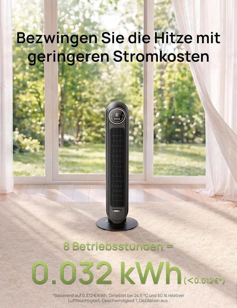 Leiser Turmventilator, 10 m Wurfweite 8 Geschwindigstufen 4 Modi 8 Std. Timer 90° oszillierende Ventilator mit Kühlung Fernbedienung für Schlafzimmer,Turmventilator 307, Schwarz