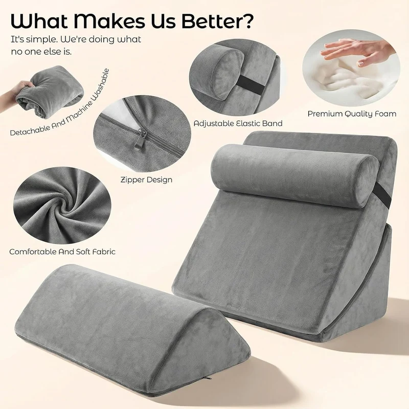 4-teiliges Keilkissen-Set aus Memory-Schaumstoff, Höhenverstellbare Schlaf- und Lesekissen für Sofa und Bett, Waschbare Bezüge in Grau