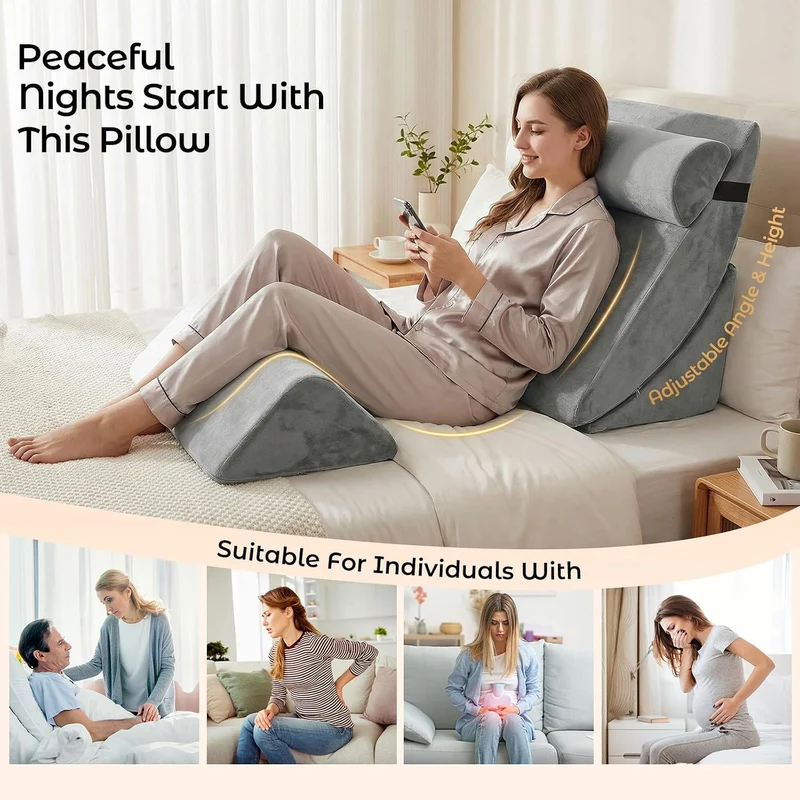 4-teiliges Keilkissen-Set aus Memory-Schaumstoff, Höhenverstellbare Schlaf- und Lesekissen für Sofa und Bett, Waschbare Bezüge in Grau