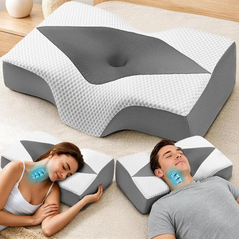 Nackenstützkissen gegen Nackenschmerzen, orthopädisches Kopfkissen, ergonomisches Memory Foam Nackenkissen mit 2 Höhen, Hohlraum & kühlendem Bezug, für Seiten- und Rückenschläfer