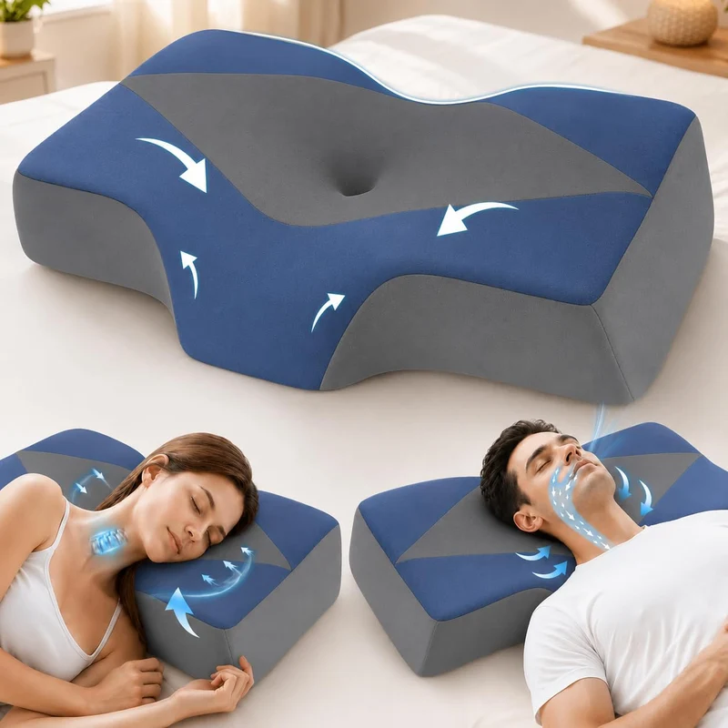 Nackenstützkissen gegen Nackenschmerzen, orthopädisches Kopfkissen, ergonomisches Memory Foam Nackenkissen mit 2 Höhen, Hohlraum & kühlendem Bezug, für Seiten- und Rückenschläfer
