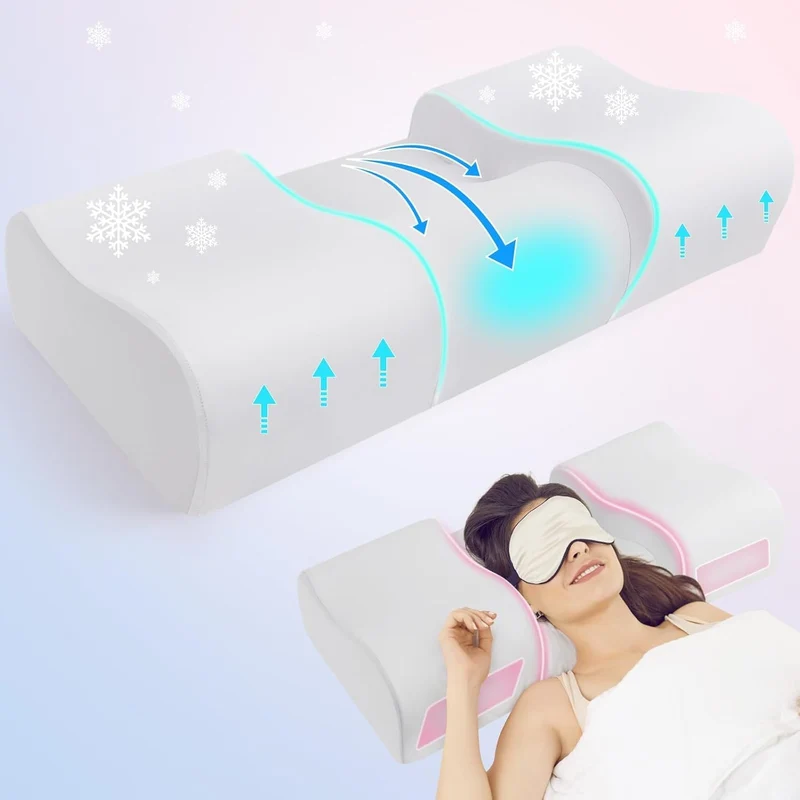 Nackenstützkissen gegen Nackenschmerzen, orthopädisches Kopfkissen, ergonomisches Memory Foam Nackenkissen mit 2 Höhen, Hohlraum & kühlendem Bezug, für Seiten- und Rückenschläfer