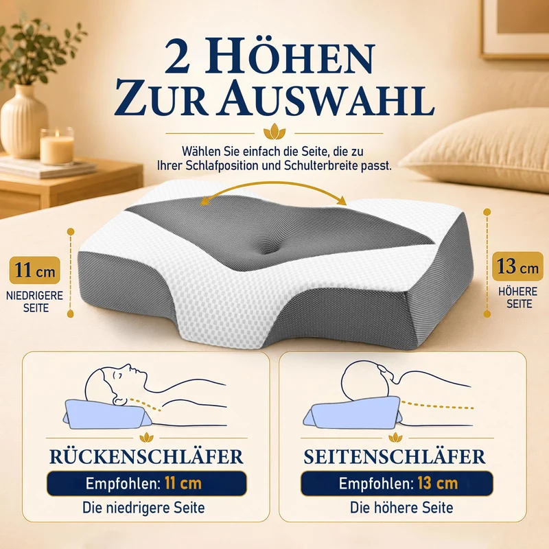 Nackenstützkissen gegen Nackenschmerzen, orthopädisches Kopfkissen, ergonomisches Memory Foam Nackenkissen mit 2 Höhen, Hohlraum & kühlendem Bezug, für Seiten- und Rückenschläfer