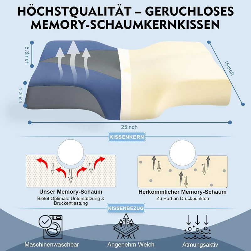 Nackenstützkissen gegen Nackenschmerzen, orthopädisches Kopfkissen, ergonomisches Memory Foam Nackenkissen mit 2 Höhen, Hohlraum & kühlendem Bezug, für Seiten- und Rückenschläfer