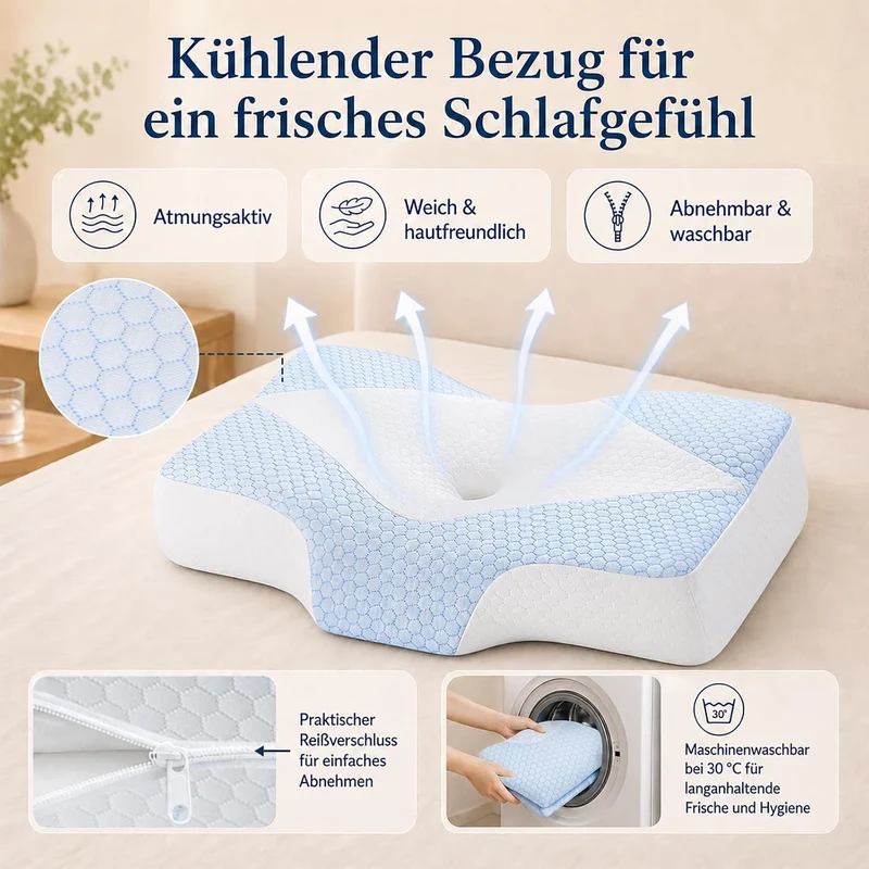 Nackenstützkissen gegen Nackenschmerzen, orthopädisches Kopfkissen, ergonomisches Memory Foam Nackenkissen mit 2 Höhen, Hohlraum & kühlendem Bezug, für Seiten- und Rückenschläfer