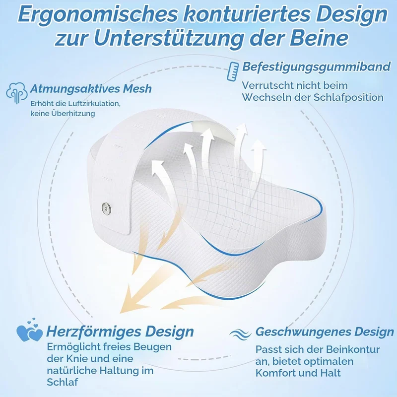 Kniekissen Seitenschläfer, Memory Foam Beinkissen m. Riemen, Ergonomisch