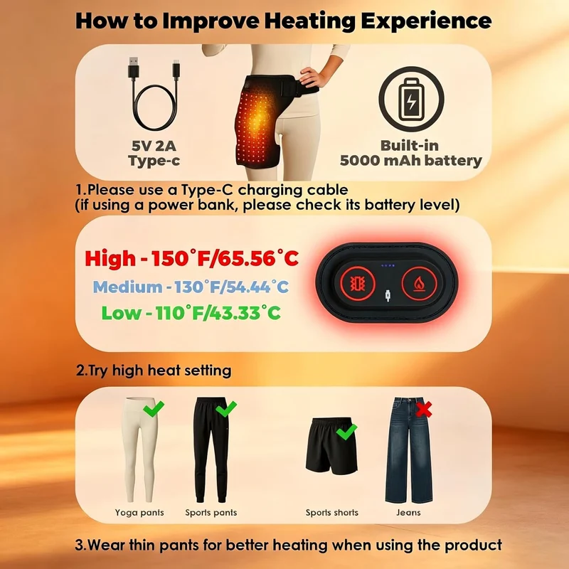 Hüftheizkissen mit Rotlicht, Hipora 4-in-1 Hüftmassager mit 5000mAh Akku, 105 LEDs 660nm, 3 Heizstufen und Vibrationsmassagemodi, Tragbares Heizkissen für Hüfte und Oberschenkel