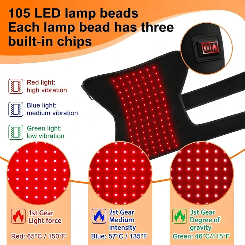 Hüftheizkissen mit Rotlicht, Hipora 4-in-1 Hüftmassager mit 5000mAh Akku, 105 LEDs 660nm, 3 Heizstufen und Vibrationsmassagemodi, Tragbares Heizkissen für Hüfte und Oberschenkel
