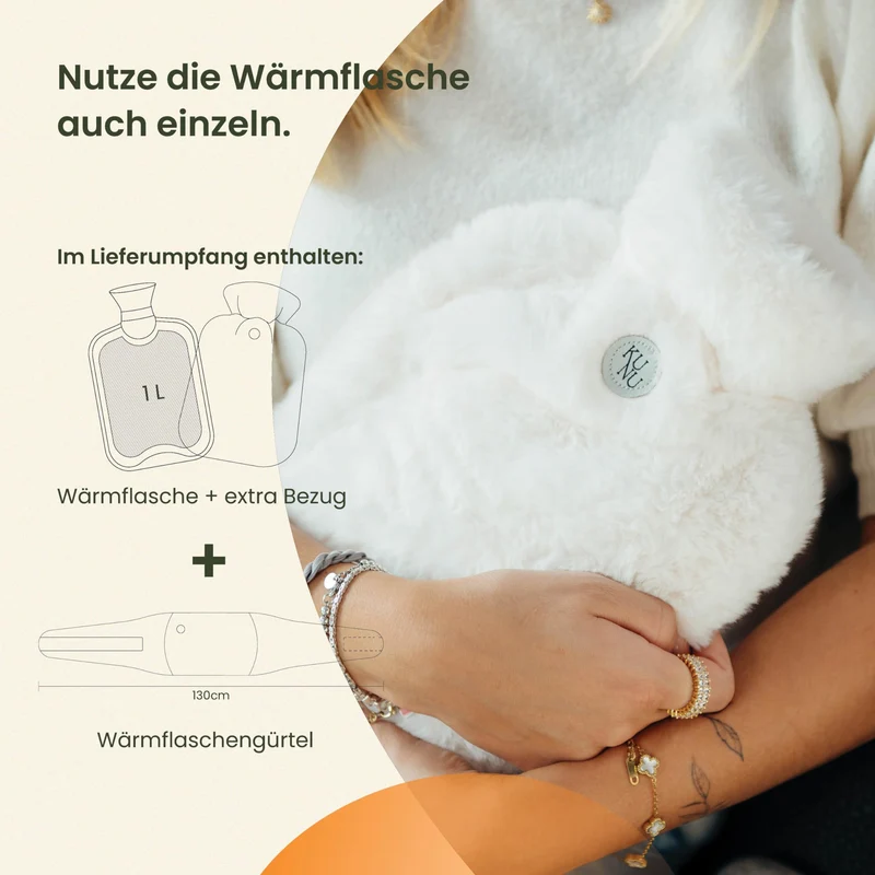 Wärmflaschengürtel - Premium Wärmflasche Lang mit Gürtel zum umbinden - 130cm Perioden Wärmegürtel - Plüsch Wärmflasche mit Bezug - Wärmflasche Gürtel mit Geschenkverpackung