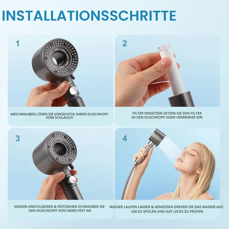Duschkopf mit Schlauch 1,5 m, 5 Strahlarten und 3 Filtern