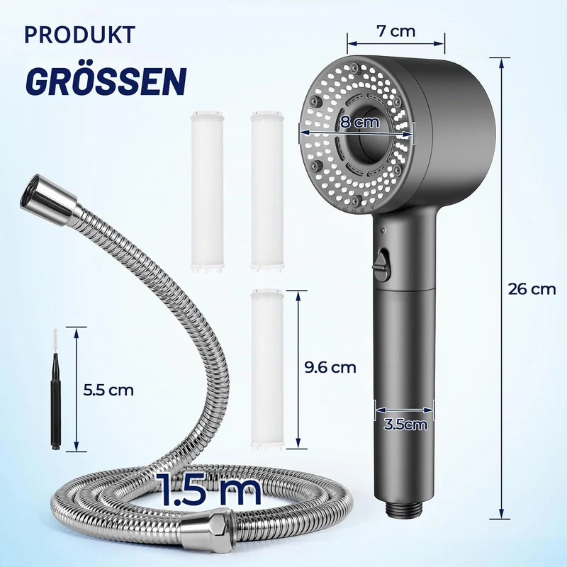 Duschkopf mit Schlauch 1,5 m, 5 Strahlarten und 3 Filtern