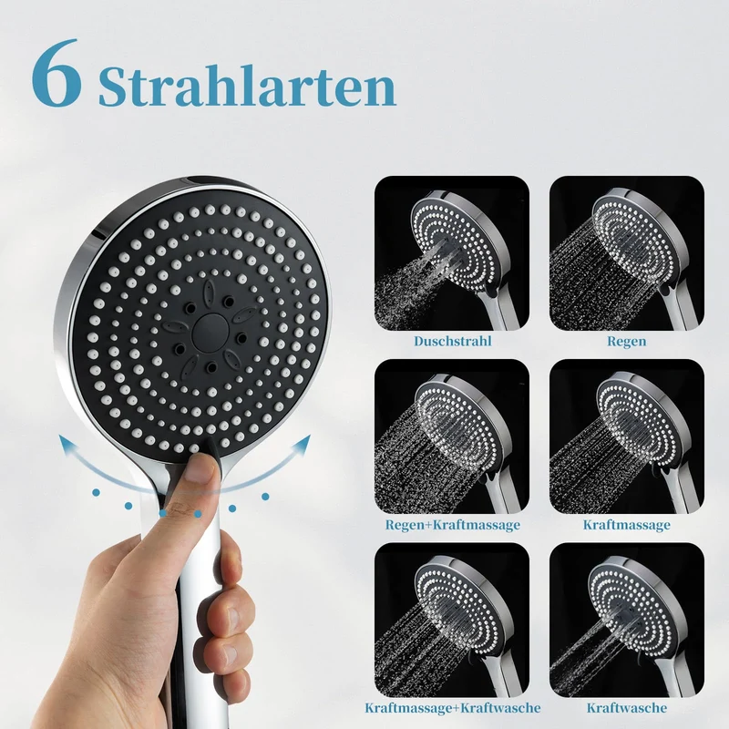 Duschkopf Groß xxl mit 6 Strahlarten, Duschbrause für Duschkopf Wassersparend, Chrom