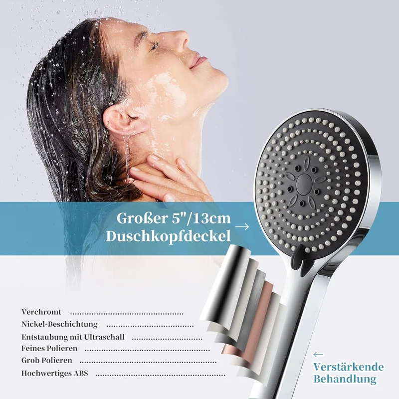 Duschkopf Groß xxl mit 6 Strahlarten, Duschbrause für Duschkopf Wassersparend, Chrom