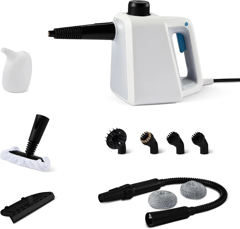 Handdampfreiniger, 1000W, 250-ml-Tank, 9 Zubehörteile, 3,6-m-Kabel, für Bad, Küche, Auto, Weiß