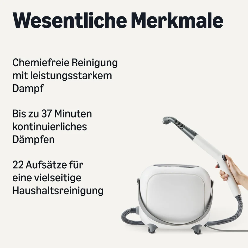 Handdampfreiniger, 1000W, 250-ml-Tank, 9 Zubehörteile, 3,6-m-Kabel, für Bad, Küche, Auto, Weiß