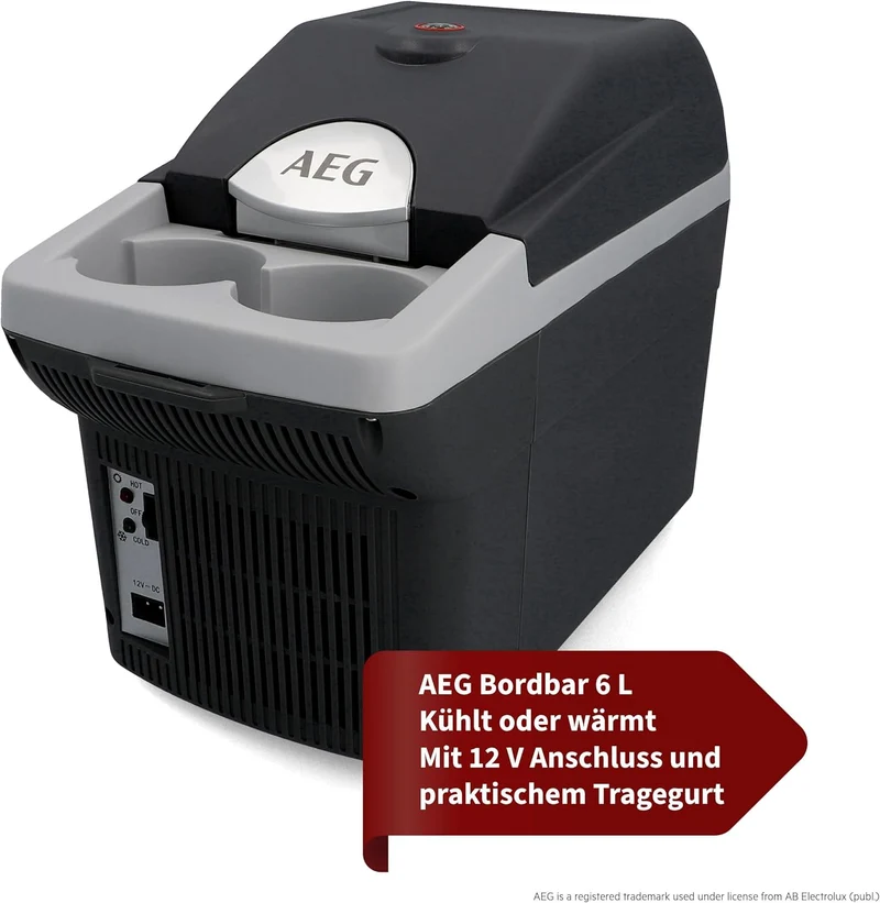 AEG Automotive Board-Bar BK 6 Thermoelektrische Kühl- und Warmhaltebox 6 Liter, 12 Volt für Auto und Steckdose, anschnallbar im PKW
