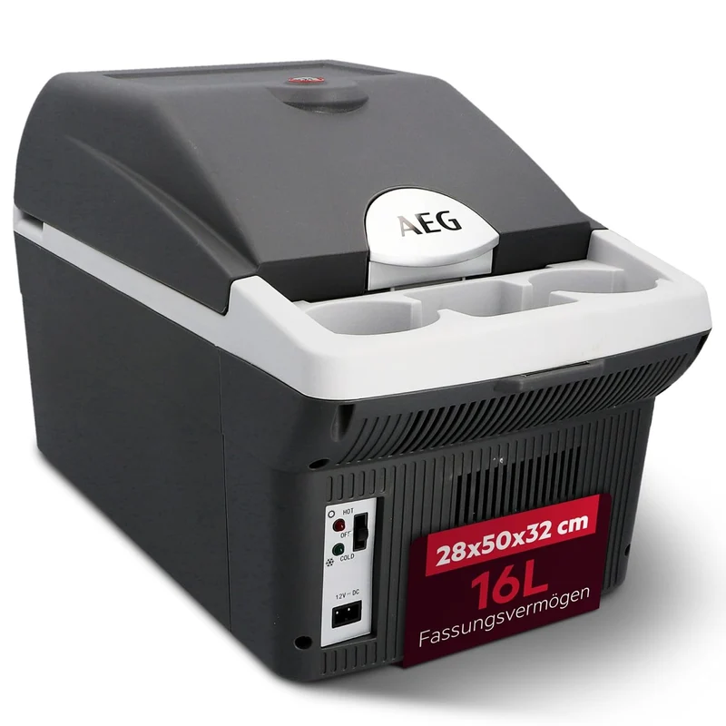 AEG Automotive Board-Bar BK 16 Thermoelektrische Kühl- und Warmhaltebox 16 Liter, 12 Volt für Auto und Steckdose, anschnallbar im PKW, Schwarz,hellgrau