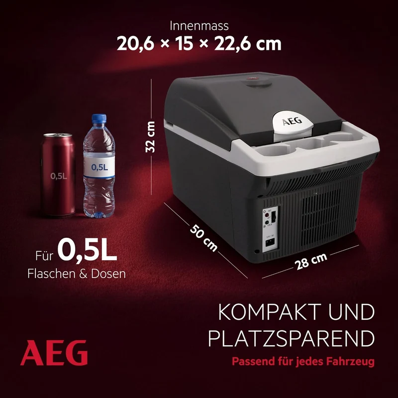 AEG Automotive Board-Bar BK 16 Thermoelektrische Kühl- und Warmhaltebox 16 Liter, 12 Volt für Auto und Steckdose, anschnallbar im PKW, Schwarz,hellgrau