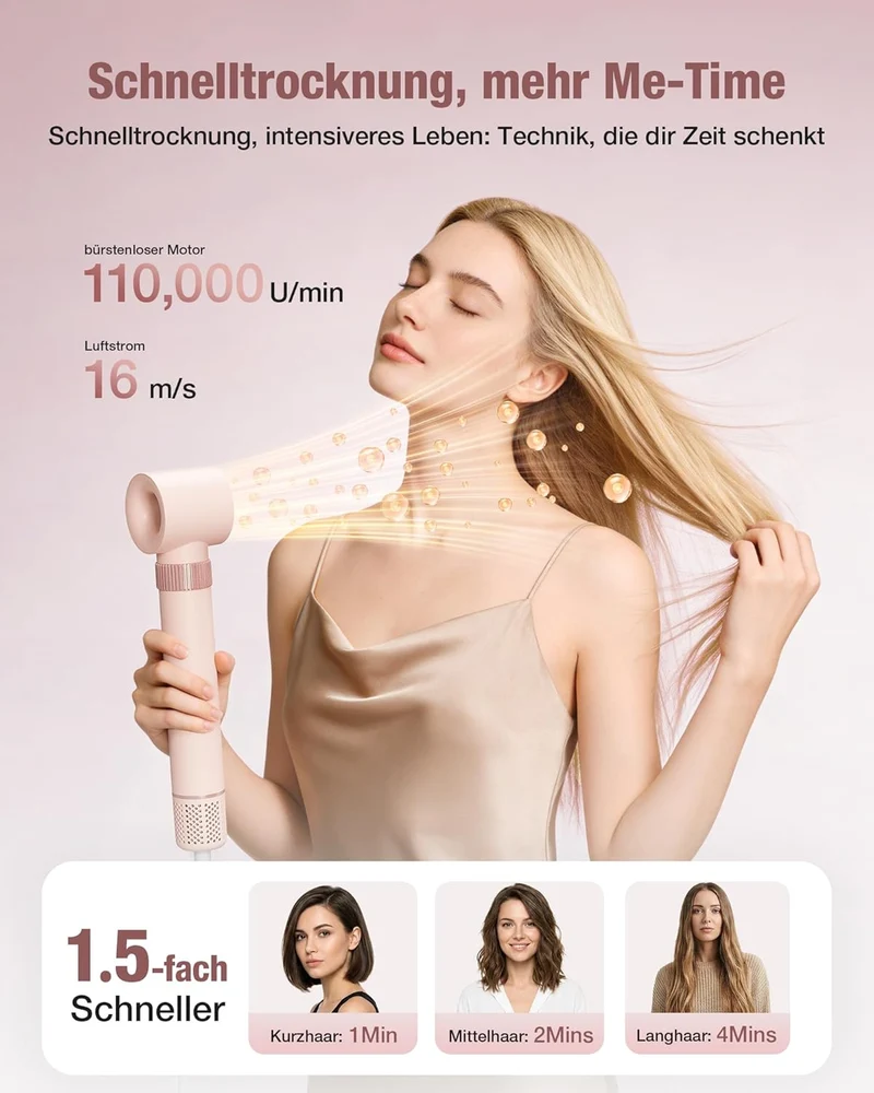 6-in-1 Hairstyler, Airstyler, Lockenstab, 110000 U/Min Hochgeschwindigkeit Lonen Föhn Locken oder Glätten, Föhnbürste Warmluftbürste Rundbürstenföhn Lockenföhn Haartrockner- Rosa