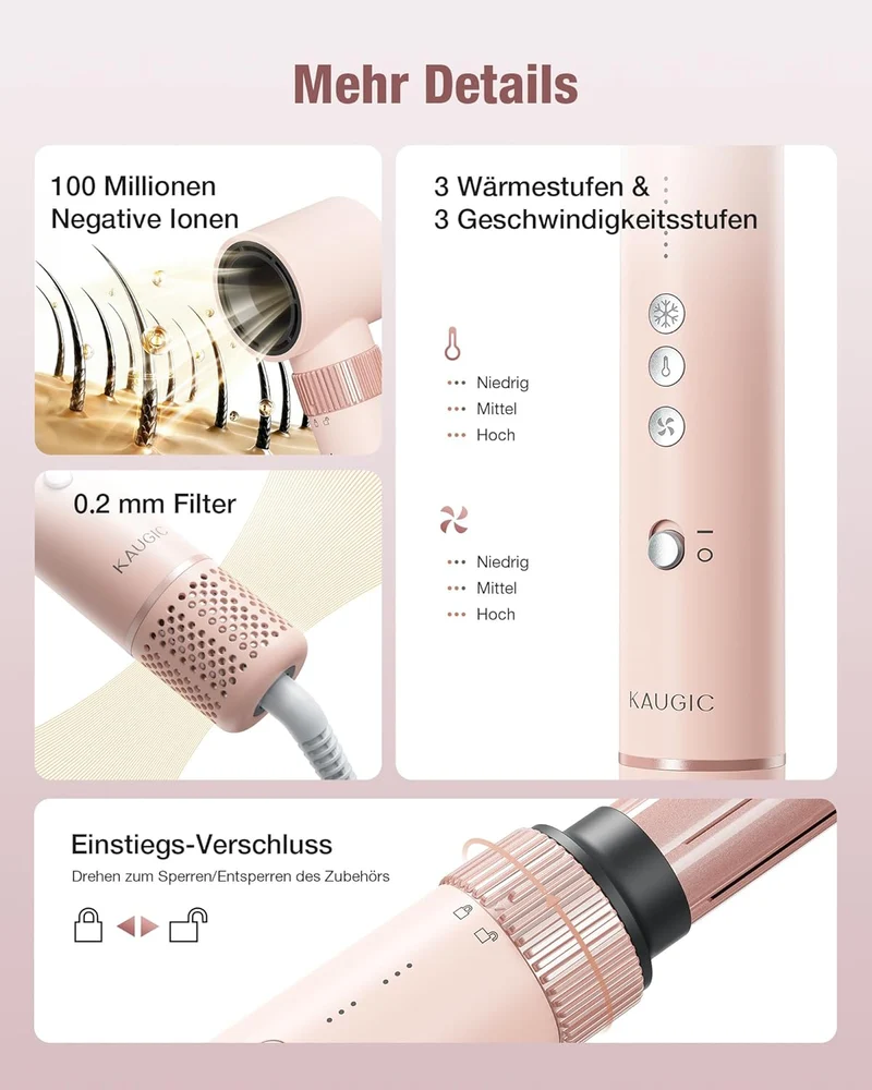 6-in-1 Hairstyler, Airstyler, Lockenstab, 110000 U/Min Hochgeschwindigkeit Lonen Föhn Locken oder Glätten, Föhnbürste Warmluftbürste Rundbürstenföhn Lockenföhn Haartrockner- Rosa
