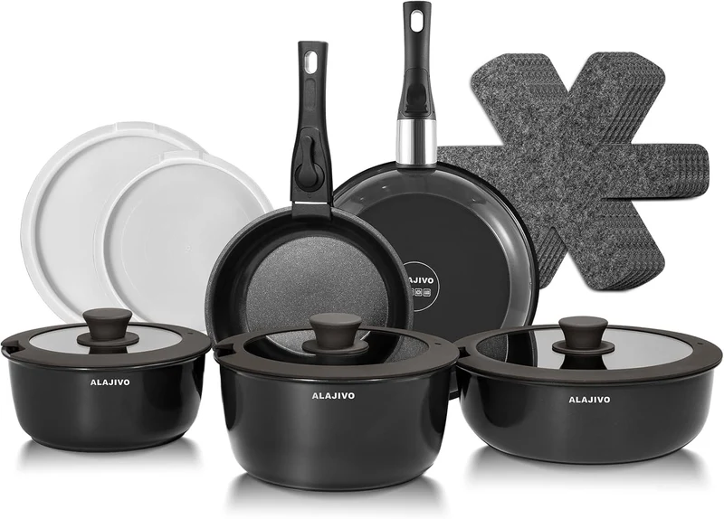 Topfset mit Abnehmbarer Griff, 17-Teilig Topfsets Pfannenset mit Antihaft Beschichtet, Topfset Induktion Kochtopf Set mit Deckel, für Alle Herdarten, Backofenfest, Ofenfest (grau)