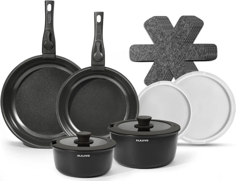 Topfset mit Abnehmbarer Griff, 17-Teilig Topfsets Pfannenset mit Antihaft Beschichtet, Topfset Induktion Kochtopf Set mit Deckel, für Alle Herdarten, Backofenfest, Ofenfest (grau)