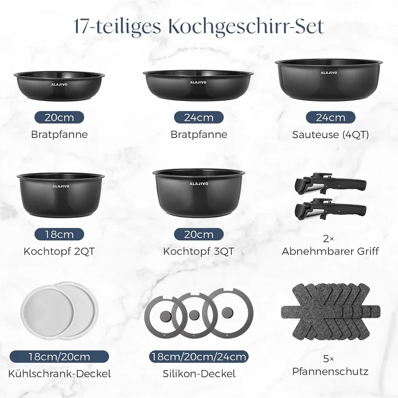 Topfset mit Abnehmbarer Griff, 17-Teilig Topfsets Pfannenset mit Antihaft Beschichtet, Topfset Induktion Kochtopf Set mit Deckel, für Alle Herdarten, Backofenfest, Ofenfest (grau)