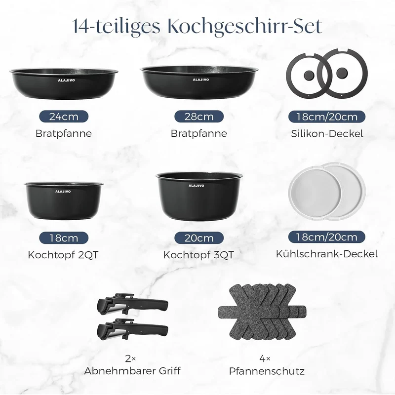 Topfset mit Abnehmbarer Griff, 17-Teilig Topfsets Pfannenset mit Antihaft Beschichtet, Topfset Induktion Kochtopf Set mit Deckel, für Alle Herdarten, Backofenfest, Ofenfest (grau)