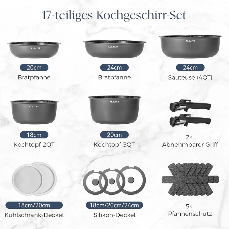 Topfset mit Abnehmbarer Griff, 17-Teilig Topfsets Pfannenset mit Antihaft Beschichtet, Topfset Induktion Kochtopf Set mit Deckel, für Alle Herdarten, Backofenfest, Ofenfest (grau)