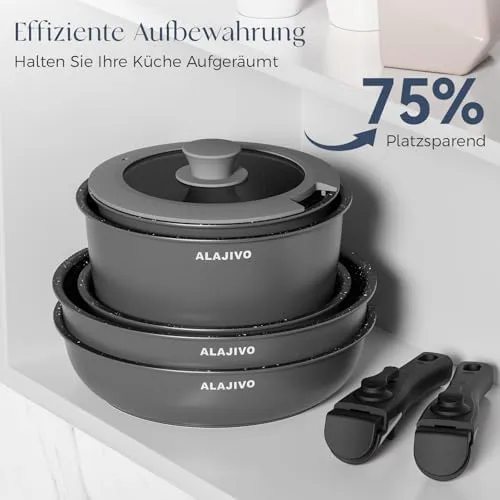 Topfset mit Abnehmbarer Griff, 17-Teilig Topfsets Pfannenset mit Antihaft Beschichtet, Topfset Induktion Kochtopf Set mit Deckel, für Alle Herdarten, Backofenfest, Ofenfest (grau)