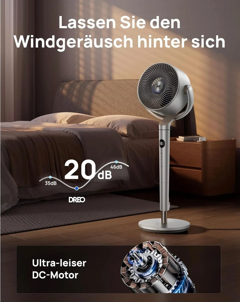 Starker Standventilator - Oszillierender Ventilator mit Fernbedienung / Bodenventilator / Turmventilator , 8H Timer, Silber