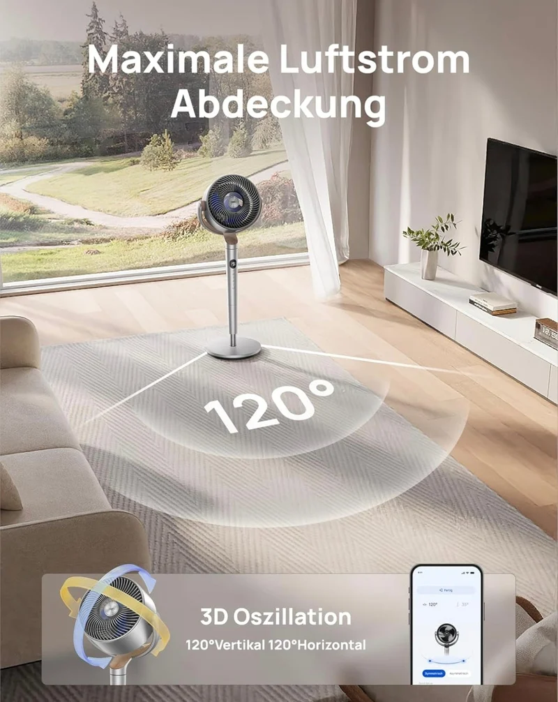 Starker Standventilator - Oszillierender Ventilator mit Fernbedienung / Bodenventilator / Turmventilator , 8H Timer, Silber