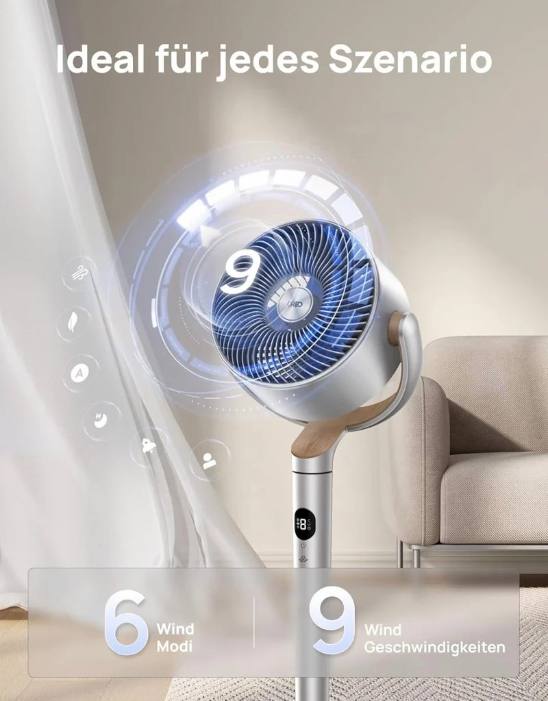 Starker Standventilator - Oszillierender Ventilator mit Fernbedienung / Bodenventilator / Turmventilator , 8H Timer, Silber