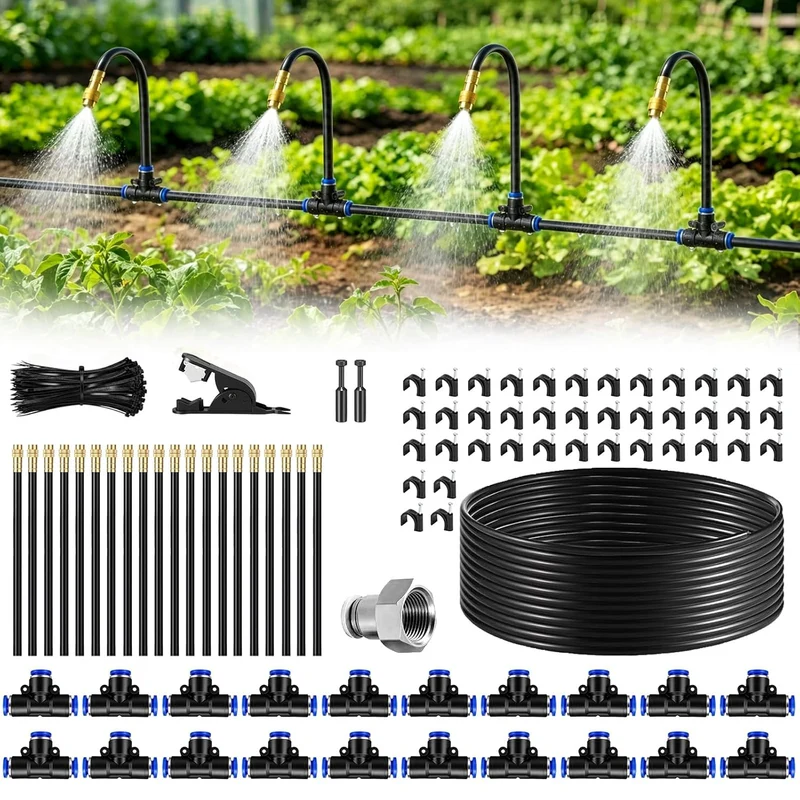 20M Automatische Bewässerungssystem Garten, 360° Verstellbare Garten Bewässerung Kit mit drehbaren 360°-Messingdüsen Nebelbewässerungskit für Gewächshaus, Rasen, Hochbeet, Terrasse