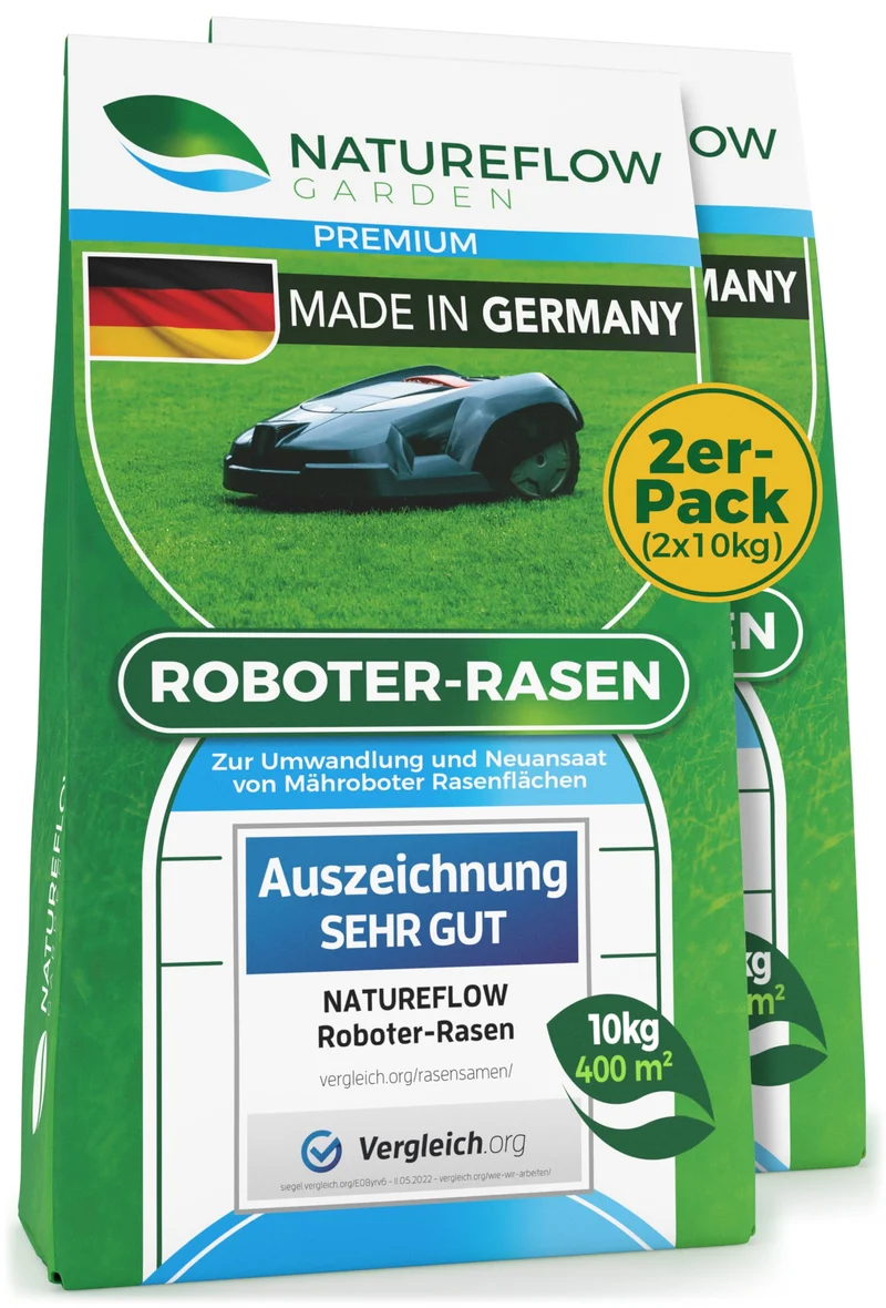 Roboter Rasensamen Unkraut-frei / Schnellkeimend 1kg Sommer – TEST SEHR GUT - Selbstdüngend Roboter Rasensaat für ALLE Mähroboter - 100% Keimgarantie - Nachsaat Grassamen von NATUREFLOW Made in Germany