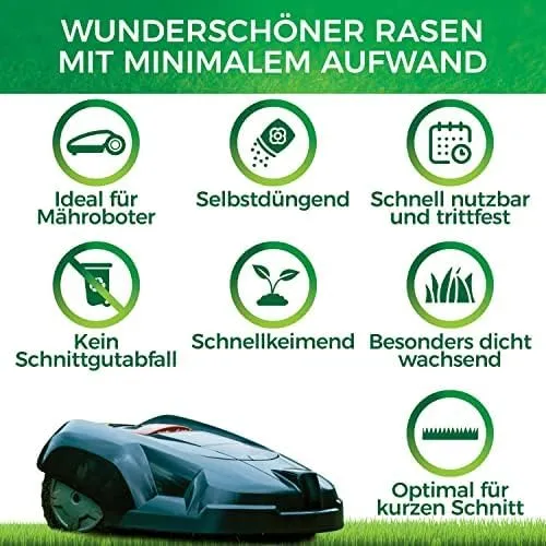 Roboter Rasensamen Unkraut-frei / Schnellkeimend 1kg Sommer – TEST SEHR GUT - Selbstdüngend Roboter Rasensaat für ALLE Mähroboter - 100% Keimgarantie - Nachsaat Grassamen von NATUREFLOW Made in Germany