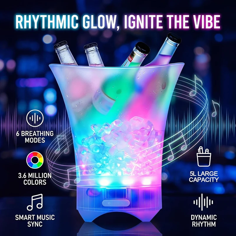 Neu Led Eiskübel mit Musik, 5L Multicolor LED Sektkübel, Sektkühler, Eiskübel mit Mehreren Farbverlauf, Farbe Einstellbar, Bluetooth-Konnektivität für Festival Party Zuhause Bar Club