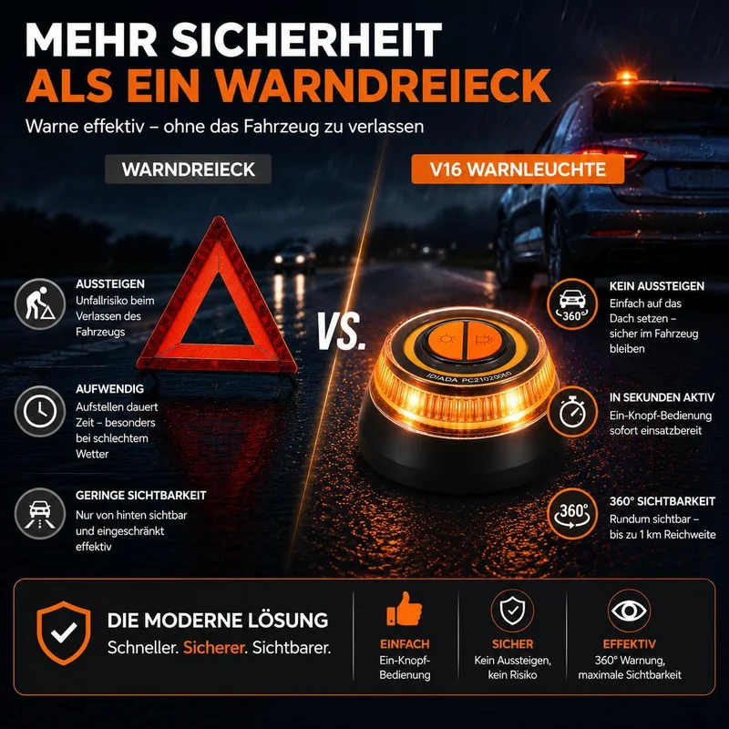 Warnleuchte V16 Notlicht 2026 IDIADA Zulassung Nr. PC21020060 - Warndreieck - Pannendreieck - EU Zulassung - für Auto & Motorrad