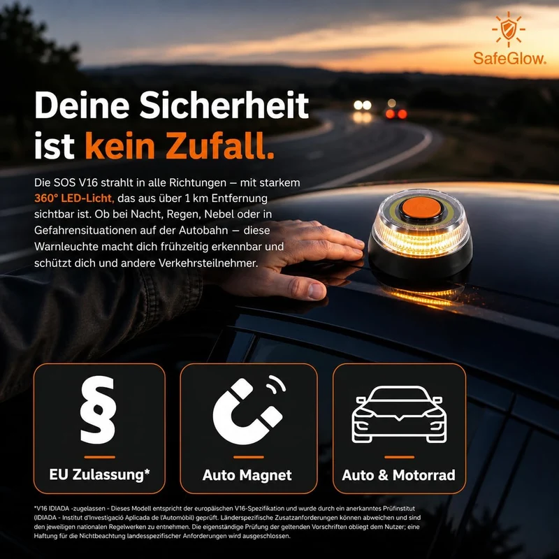 Warnleuchte V16 Notlicht 2026 IDIADA Zulassung Nr. PC21020060 - Warndreieck - Pannendreieck - EU Zulassung - für Auto & Motorrad
