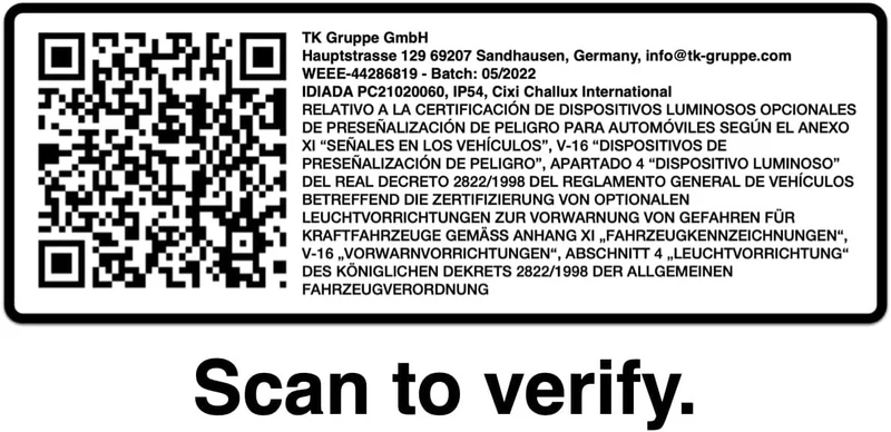 Warnleuchte V16 Notlicht 2026 IDIADA Zulassung Nr. PC21020060 - Warndreieck - Pannendreieck - EU Zulassung - für Auto & Motorrad