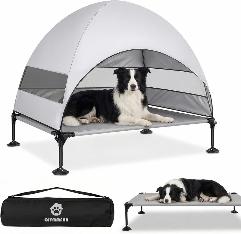 Erhöhtes Hundebett Outdoor mit UV-beständiges Dach，Hundeliege Klappbar mit Anti-Rutsch-Füßen, Hundezelt Outdoor mit Großem Schatten, Kühlendes ErhöHtes Hunde Bett für Camping, Garten & Pool (Grau, L)