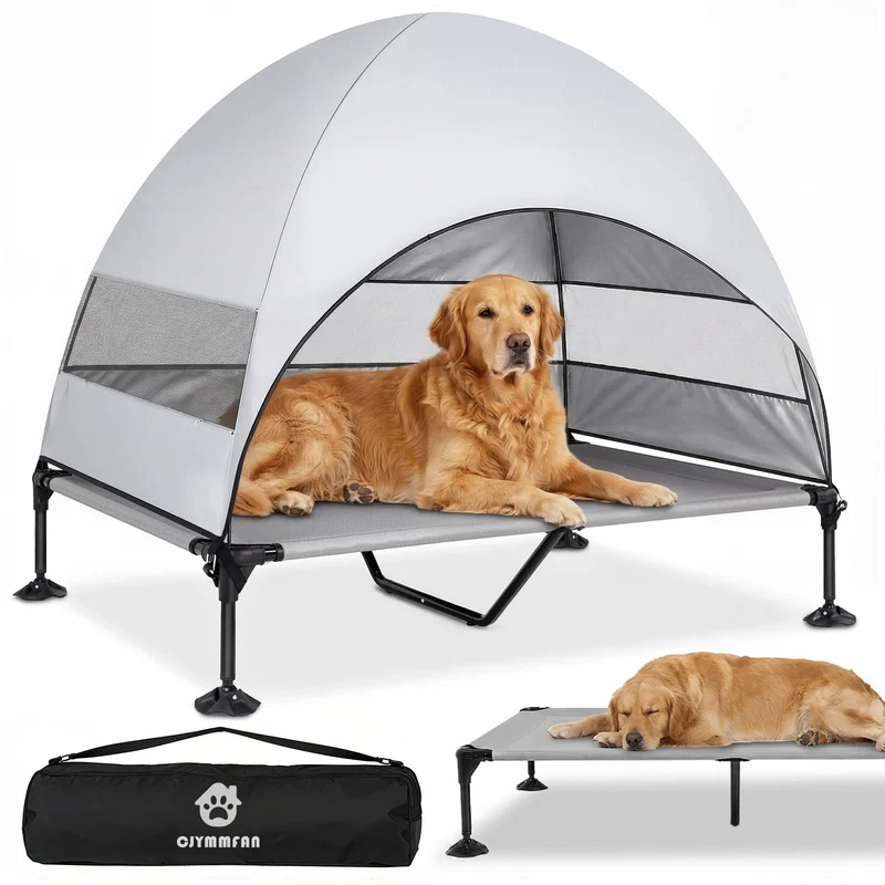 Erhöhtes Hundebett Outdoor mit UV-beständiges Dach，Hundeliege Klappbar mit Anti-Rutsch-Füßen, Hundezelt Outdoor mit Großem Schatten, Kühlendes ErhöHtes Hunde Bett für Camping, Garten & Pool (Grau, L)